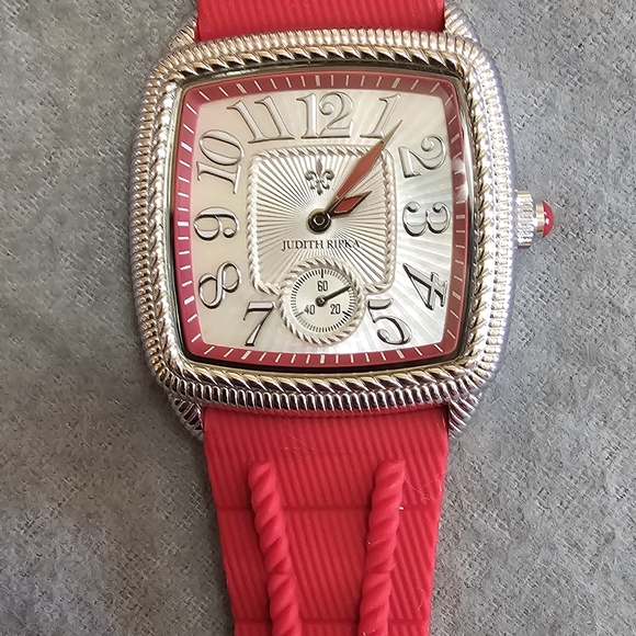 Judith Ripka Accessories - Judith Ripka Silver-Tone Watch with Red Accents and Red Strap